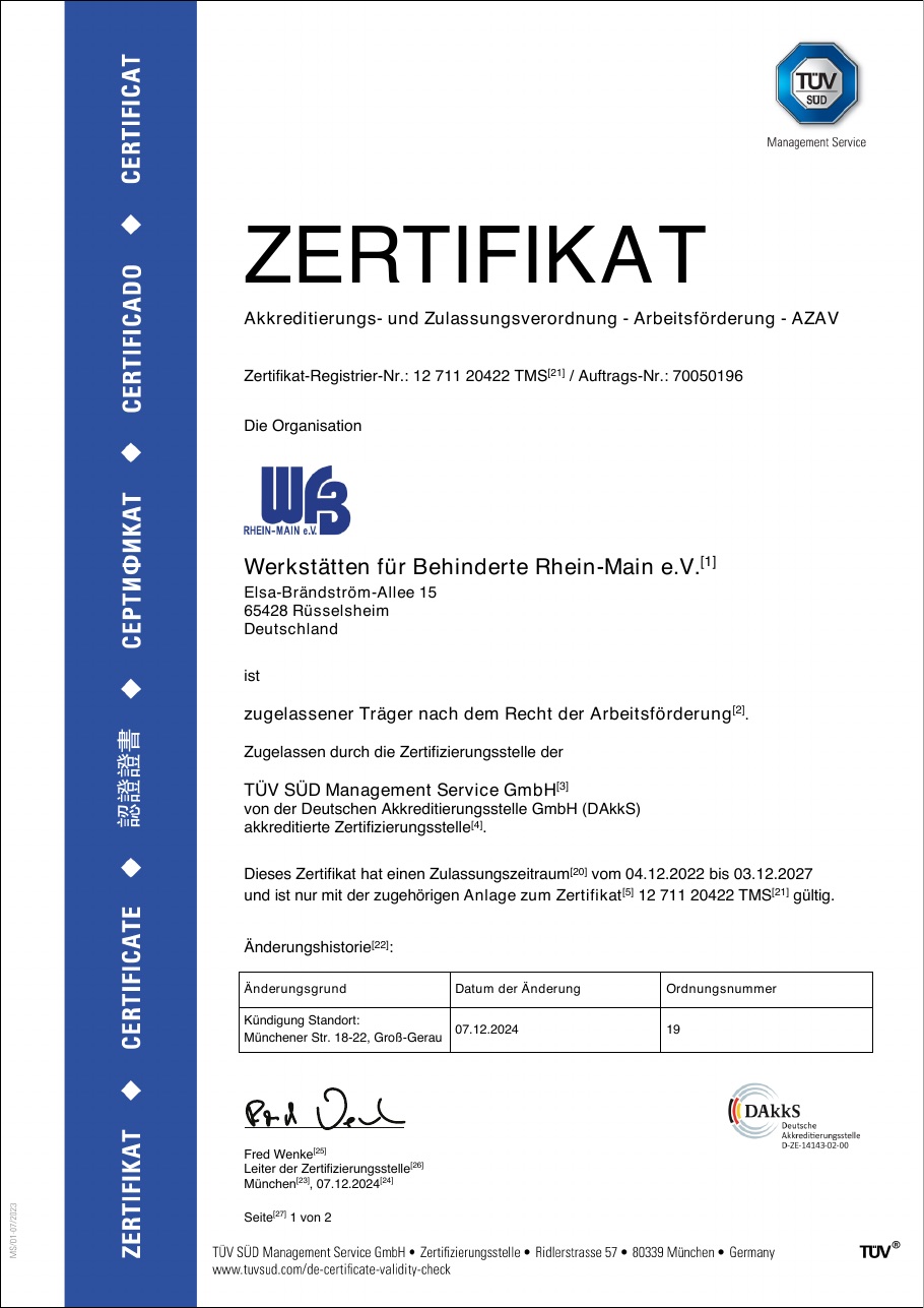 Zertifikat AZAV der TÜV SÜD Management Service GmbH für die Werkstätten für Behinderte Rhein-Main e.V., Seite 1